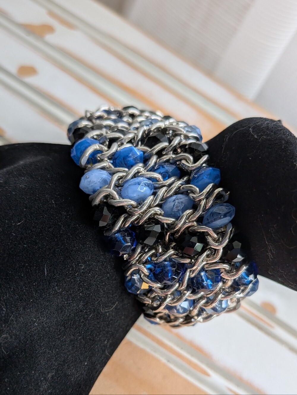 Vintage Chunky Heavy Silver Chain Woven Cuff Bracelet Blue Black Glass Bead